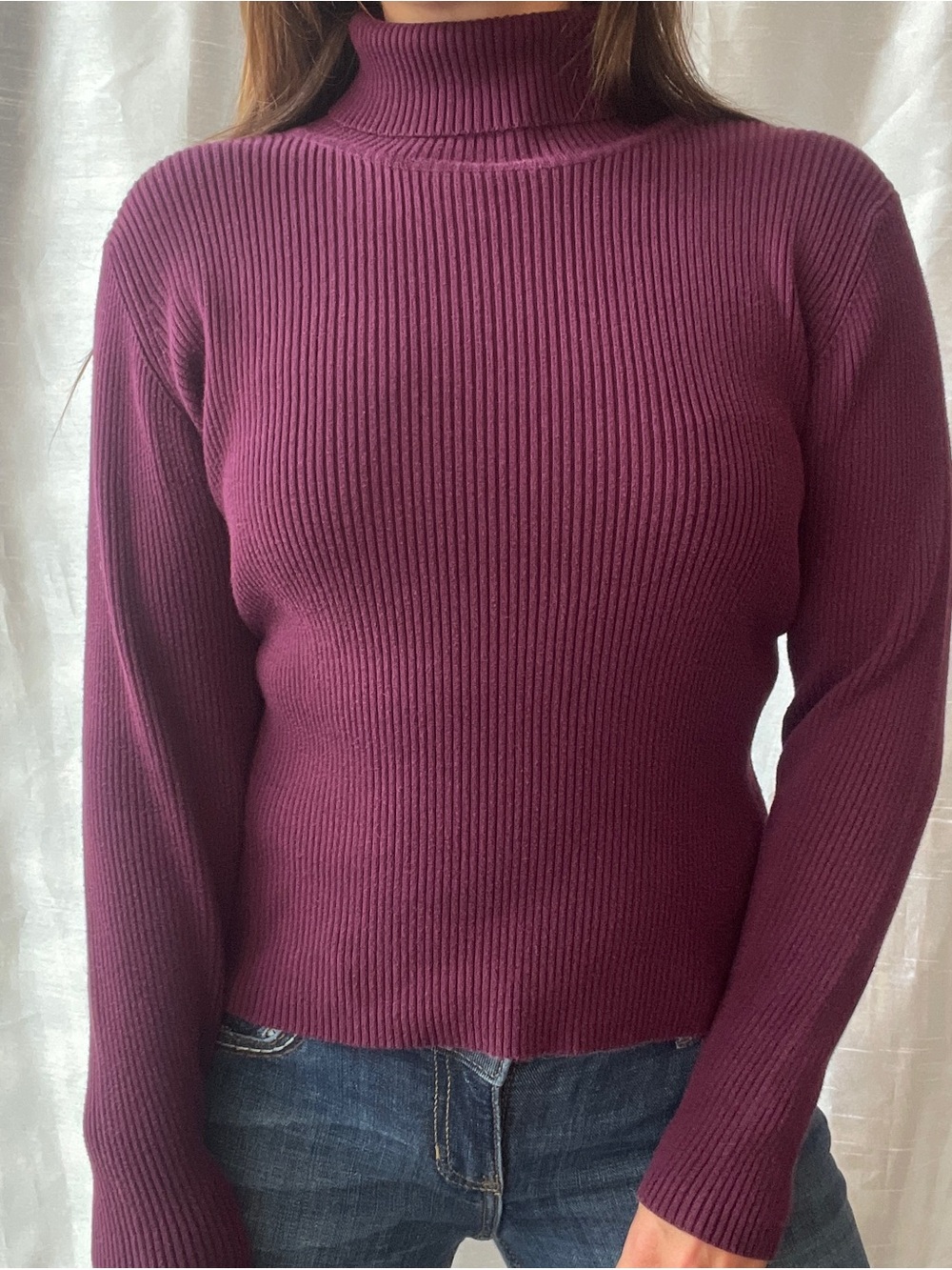 Casual Corner Turtleneck Sweater Womens Large Purple Ribbed Fitted Preppy Y2K